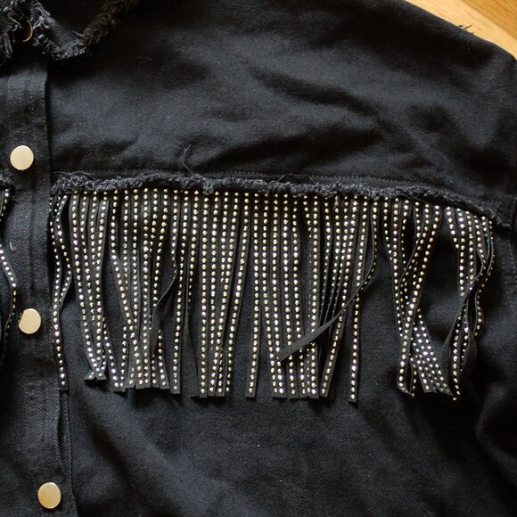 Peach Love California Oversized Black Fringe Bling Shacket - Picture 2 of 5